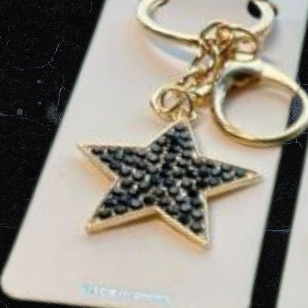 NWT BLACK Rhinestone STAR Gold tone Bag Charm Keychain Keys Car House Patriotic